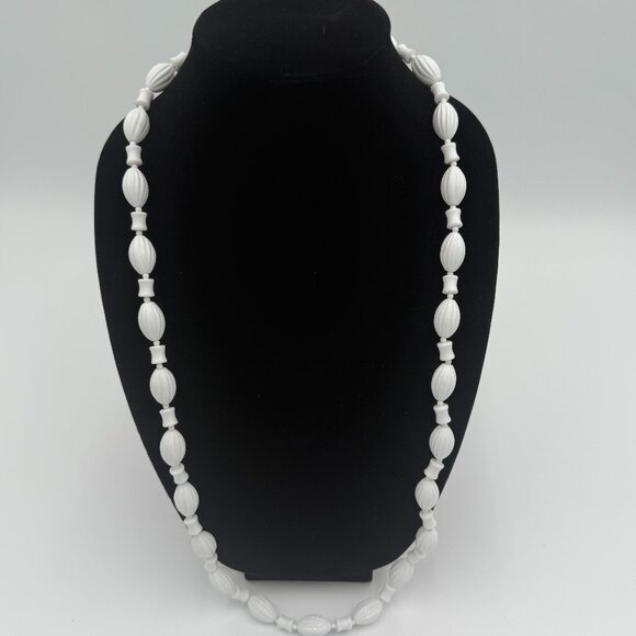 Long White Acrylic Beaded Necklace, Textured - Picture 1 of 1